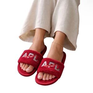 NEW APL Red Shearling Fur Silver Logo Slides Size 6